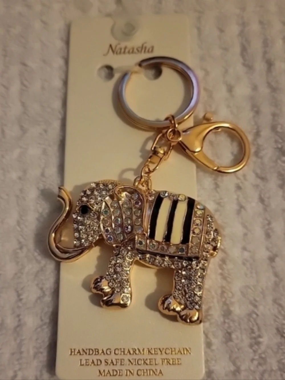 New Natasha‎ Gold Elephant Charm/Keychain, Black & Cream Enamel Accents, Bling